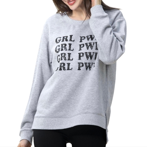 Green Tea Girl Power Sweatshirt Oversized Longline Split Hem Pullover Size Small - Picture 1 of 10